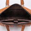 A brown men's PU leather business briefcase bag shown open, displaying the interior lining and padded straps.