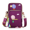 A purple waterproof nylon crossbody bag featuring a hot air balloon design and colorful accents.