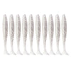 A set of twelve white, elongated adjustable soft lure fishing tackle pieces arranged in a row.