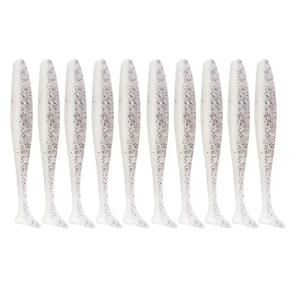 A set of twelve white, elongated adjustable soft lure fishing tackle pieces arranged in a row.