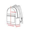 A side view of a toddler camo backpack showing its dimensions: 17 inches tall, 13.2 inches wide, and 5 inches deep.