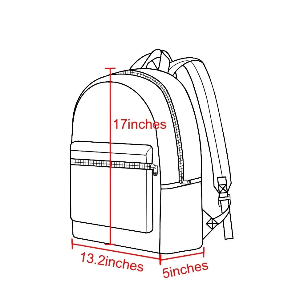 A side view of a toddler camo backpack showing its dimensions: 17 inches tall, 13.2 inches wide, and 5 inches deep.