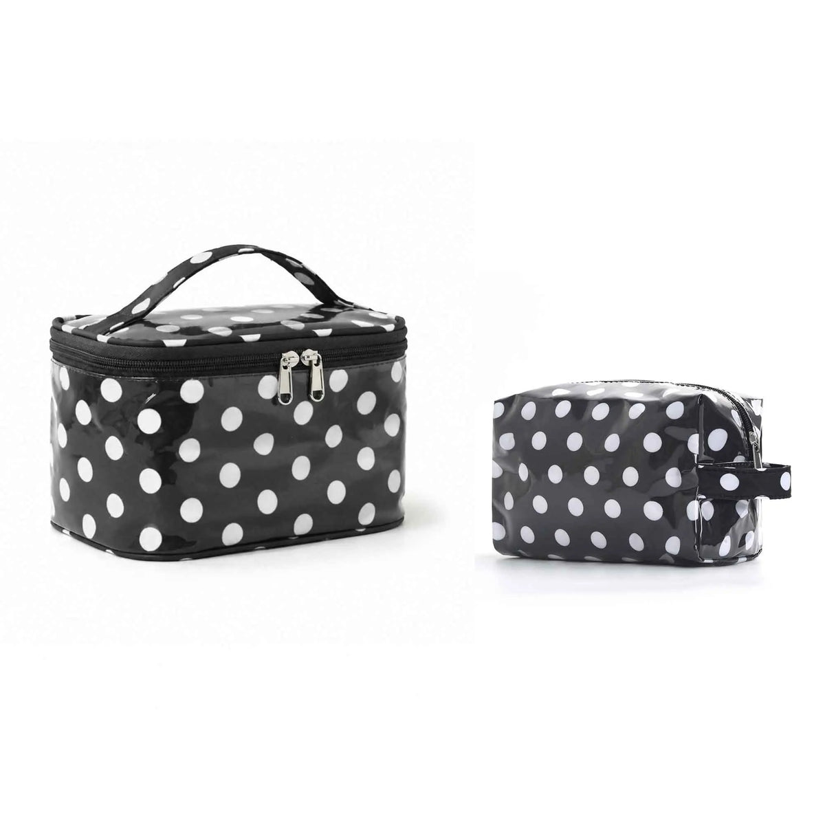 Bolsa de almacenamiento cosmético negra con lunares blancos, mostrada en dos vistas.