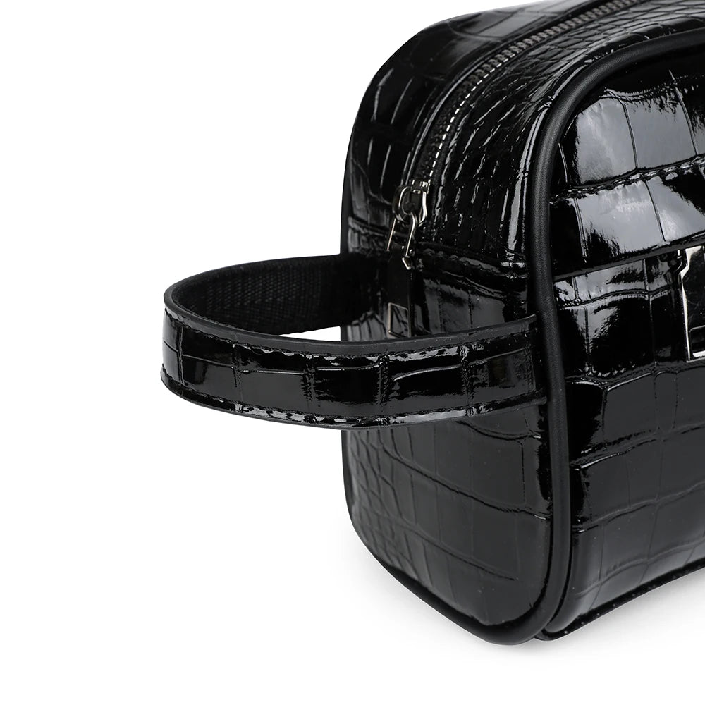 Black men's PU leather clutch handbag with a textured pattern and a strap.