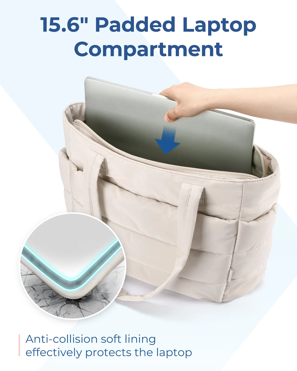 A beige padded laptop compartment in a tote bag protecting a silver laptop.