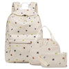 A beige corduroy strawberry backpack set featuring multiple small fruit patterns.