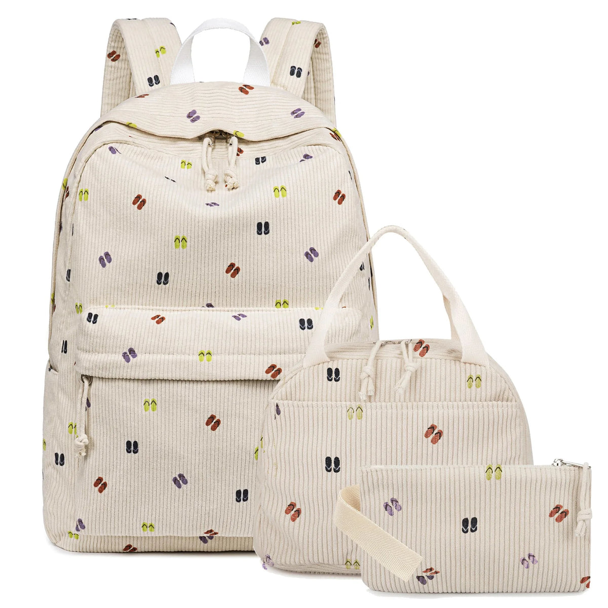 A beige corduroy strawberry backpack set featuring multiple small fruit patterns.