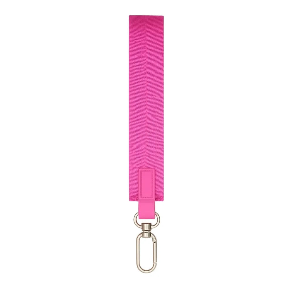 A bright pink nylon wrist strap keychain.