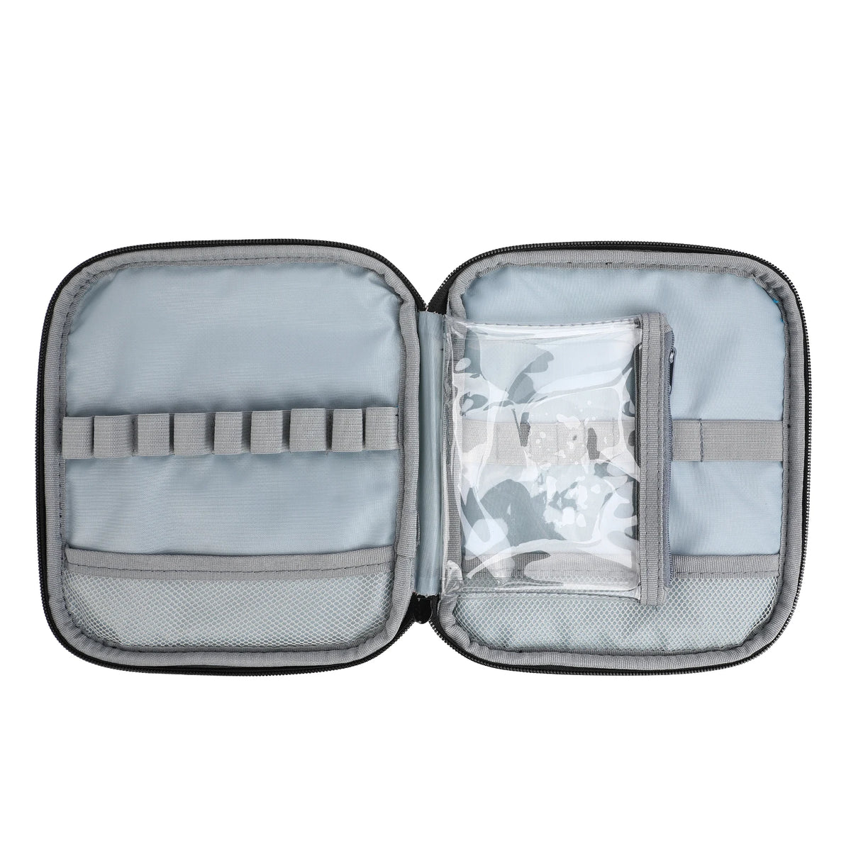Light green crochet hook and sewing accessories storage bag with a clear plastic pouch inside