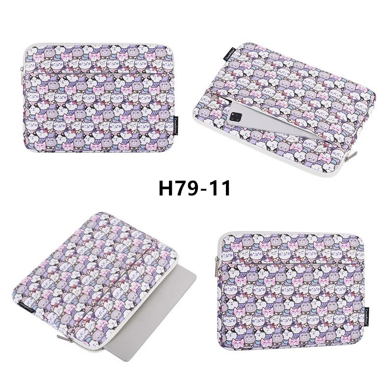 A purple and pink patterned slim waterproof laptop sleeve shown in three different orientations.