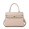 A light pink leather handbag with a tan handle and gold hardware.