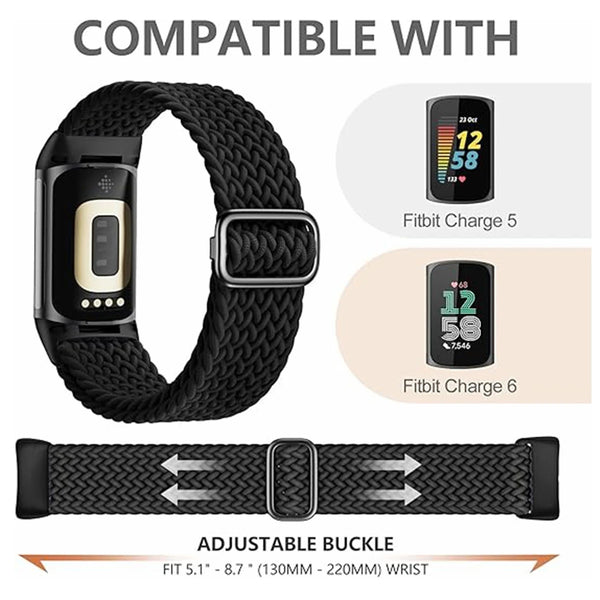 Black stretchy nylon watch band for Fitbit Charge 5 and 6 with an adjustable buckle.