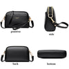 A black PU leather trendy shoulder crossbody bag shown from the positive, side, back, and bottom angles.