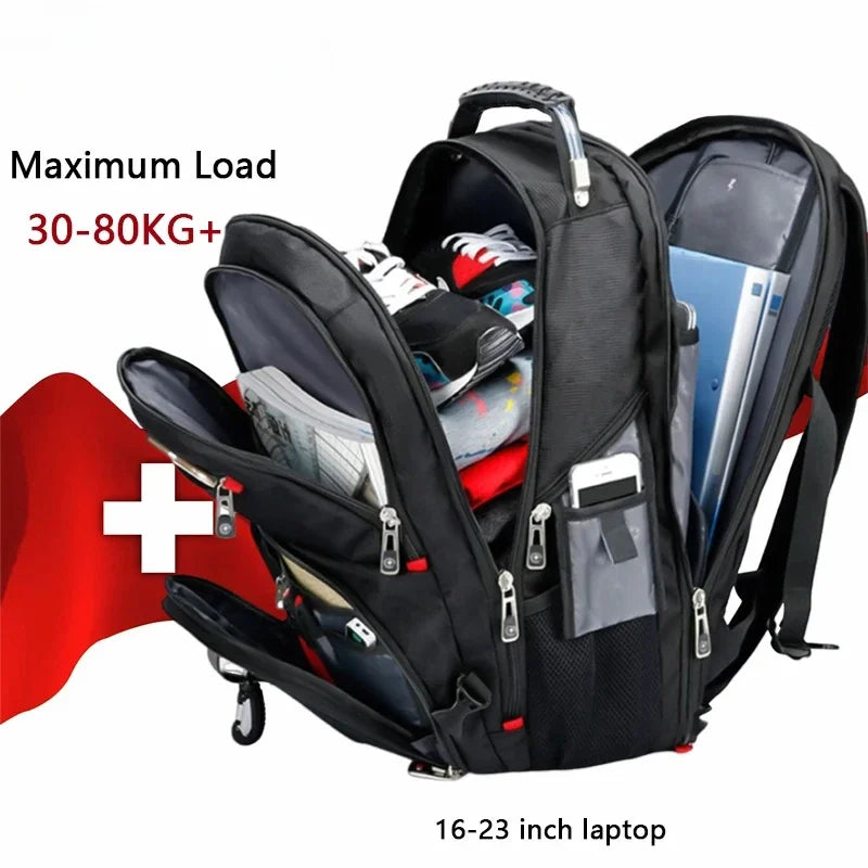 Black laptop backpack designed for maximum load capacity, shown with a Swiss flag and size indication.