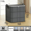A gray foldable storage organizer bag with a lid shown next to a white cabinet and size measurements.