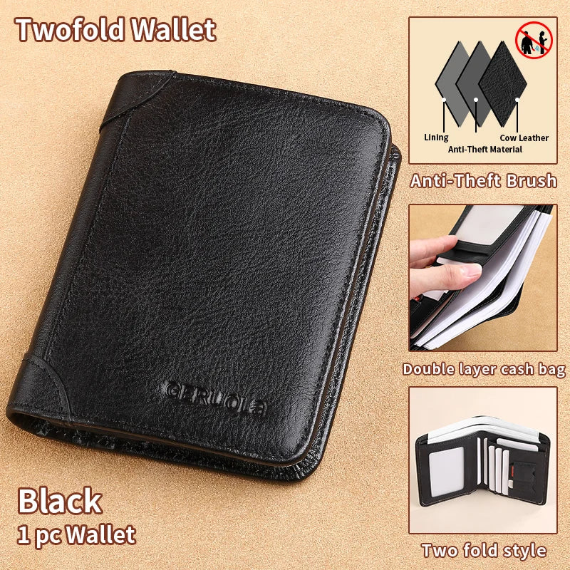Black twofold wallet with lining and cow leather material shown in various angles