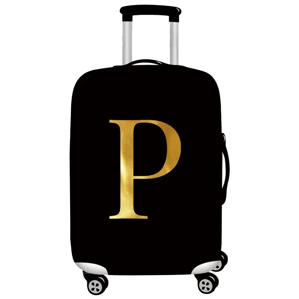 Black rolling suitcase with a gold letter P embossed on the side.