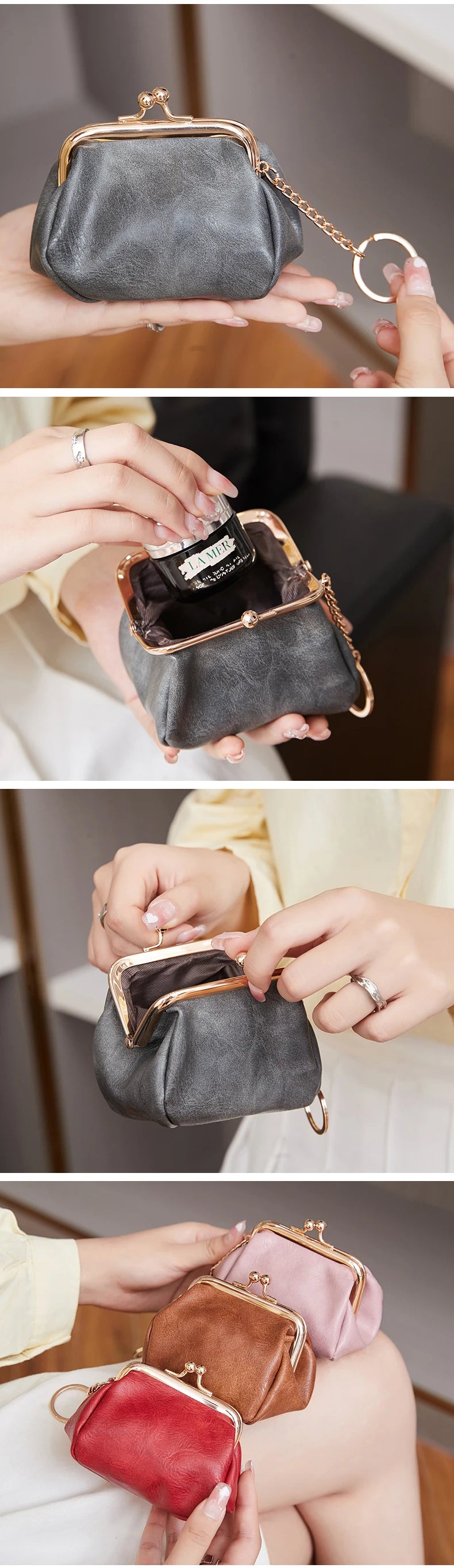 A hand holds a retro kiss lock coin purse in gray leather with a gold chain keychain.