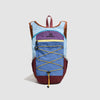 A lightweight travel hiking backpack in blue and purple fabric with brown accents and yellow straps.