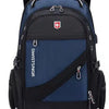 Mochila de viaje grande para hombre suiza azul oscuro y negro, vista desde atrás.