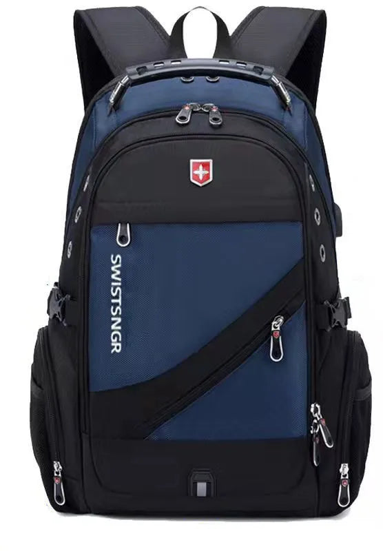 Mochila de viaje grande para hombre suiza azul oscuro y negro, vista desde atrás.