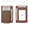 Brown leather slim wallet with RFID blocking protection shown in various configurations.