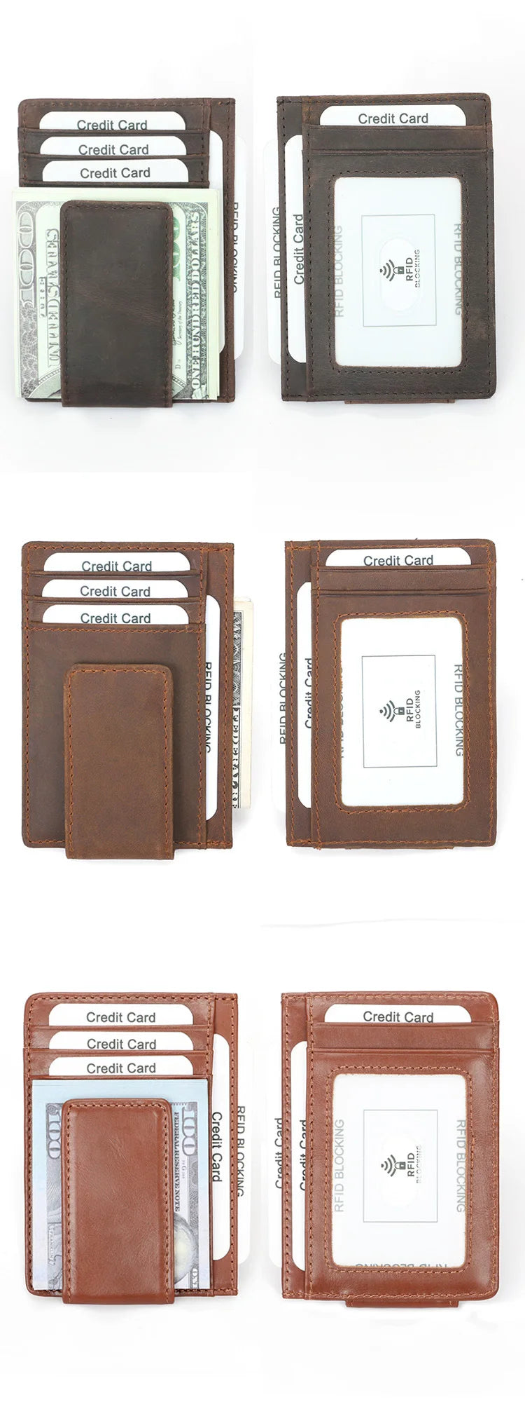 Brown leather slim wallet with RFID blocking protection shown in various configurations.