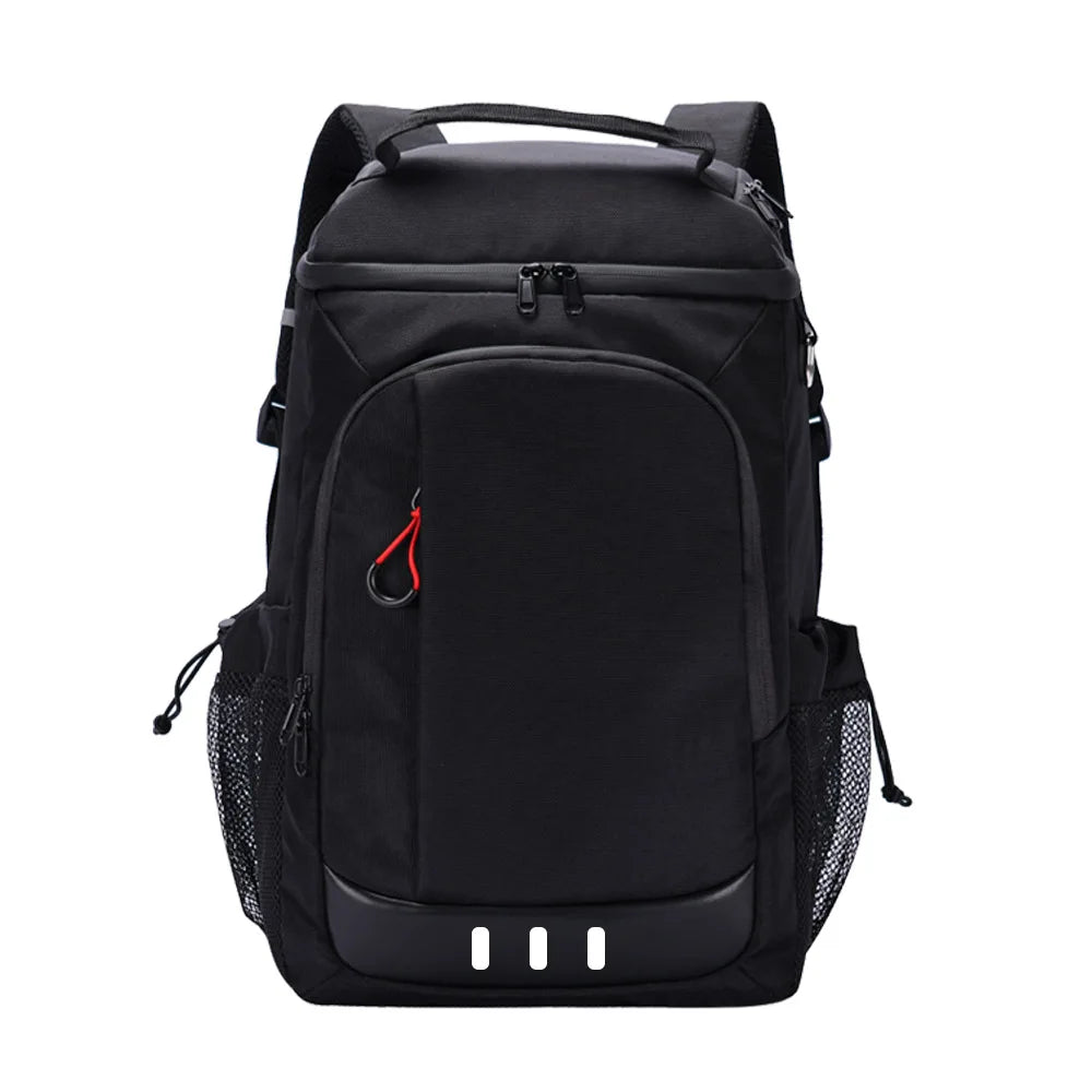 Black insulated picnic cooler backpack with a bottle opener visible from the back.