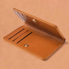 A brown classic PU leather small wallet shown open, displaying the interior and exterior.