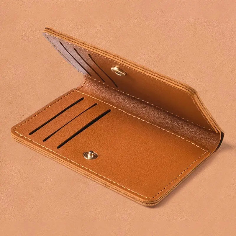 A brown classic PU leather small wallet shown open, displaying the interior and exterior.