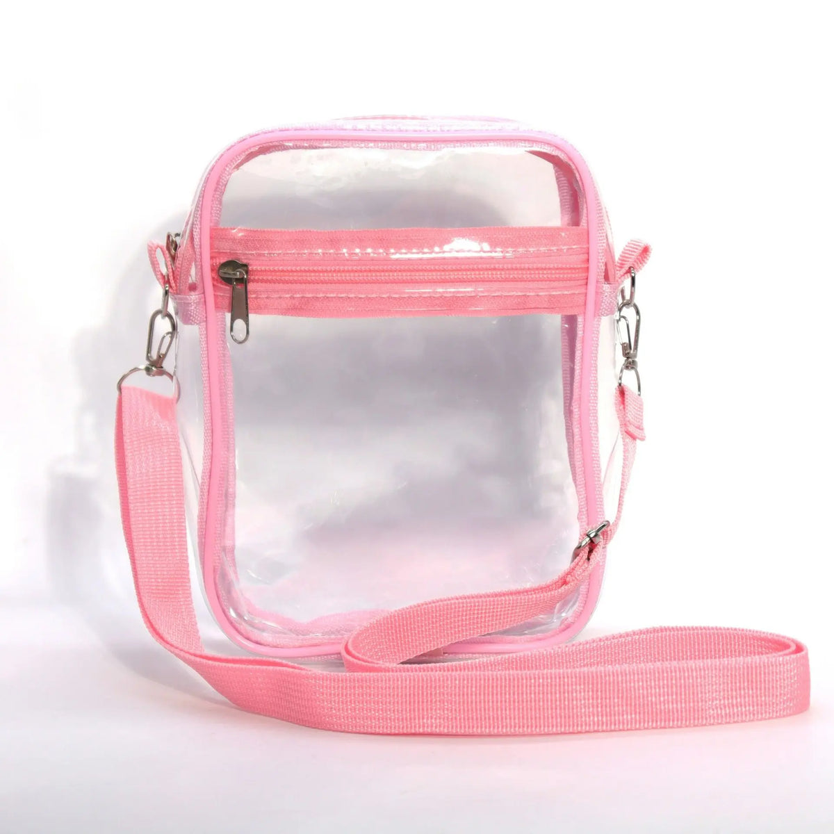 A clear pink transparent crossbody bag with an adjustable strap.