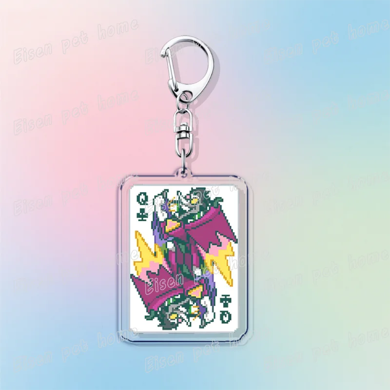 A silver keychain featuring a detailed illustration of Deltarune chibi poker cards.