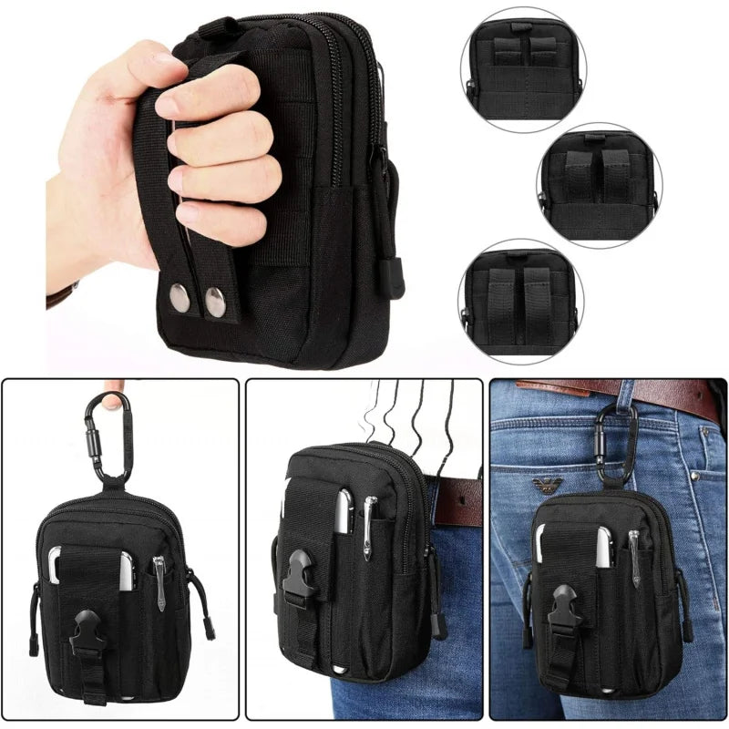 Black tactical EDC utility pouch with MOLLE strap shown being held and attached to jeans.