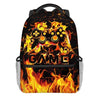 A black backpack featuring a fiery orange and yellow cartoon game controller design.