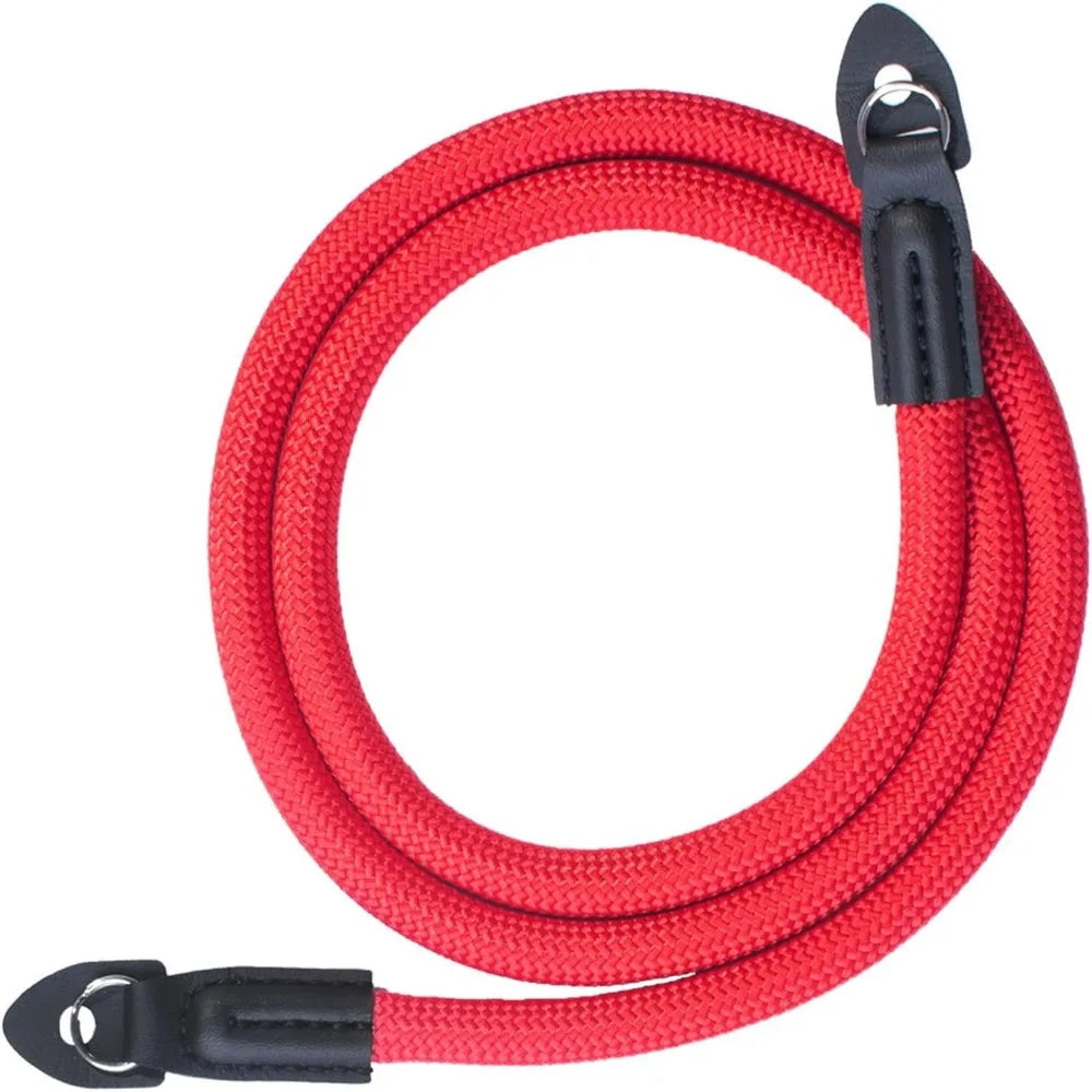 Red adjustable camera and DSLR shoulder strap with black buckle