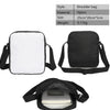 Black nylon shoulder bag with a white interior and a flap closure for anime character kids.