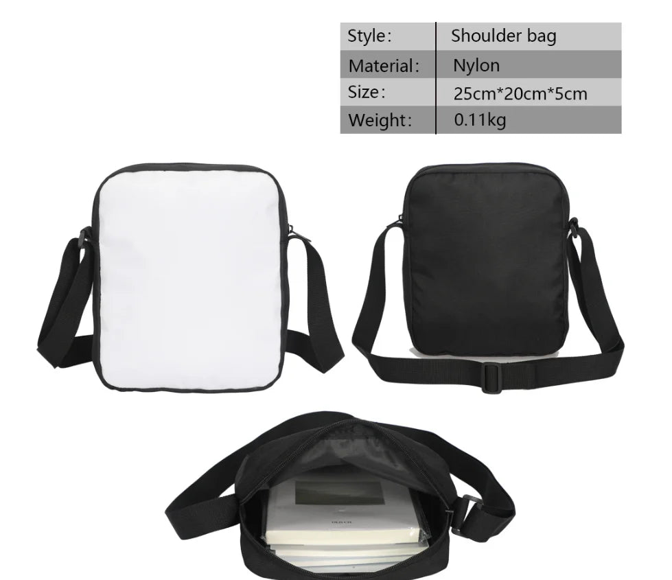 Black nylon shoulder bag with a white interior and a flap closure for anime character kids.