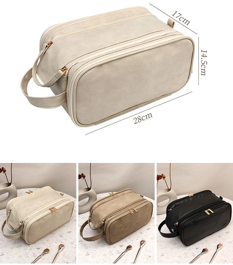 A beige PU leather travel makeup organizer bag shown from the top and side, featuring double zippers.