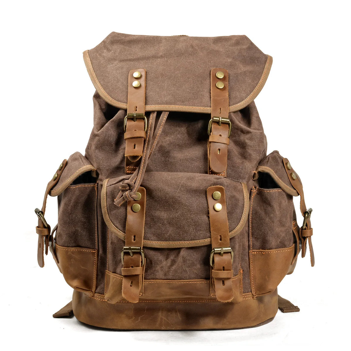 Mochila de senderismo de lona marrón con correas y hebillas de cuero.