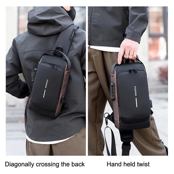 A black anti-theft lock chest bag is shown being worn diagonally across the back and held by a strap.