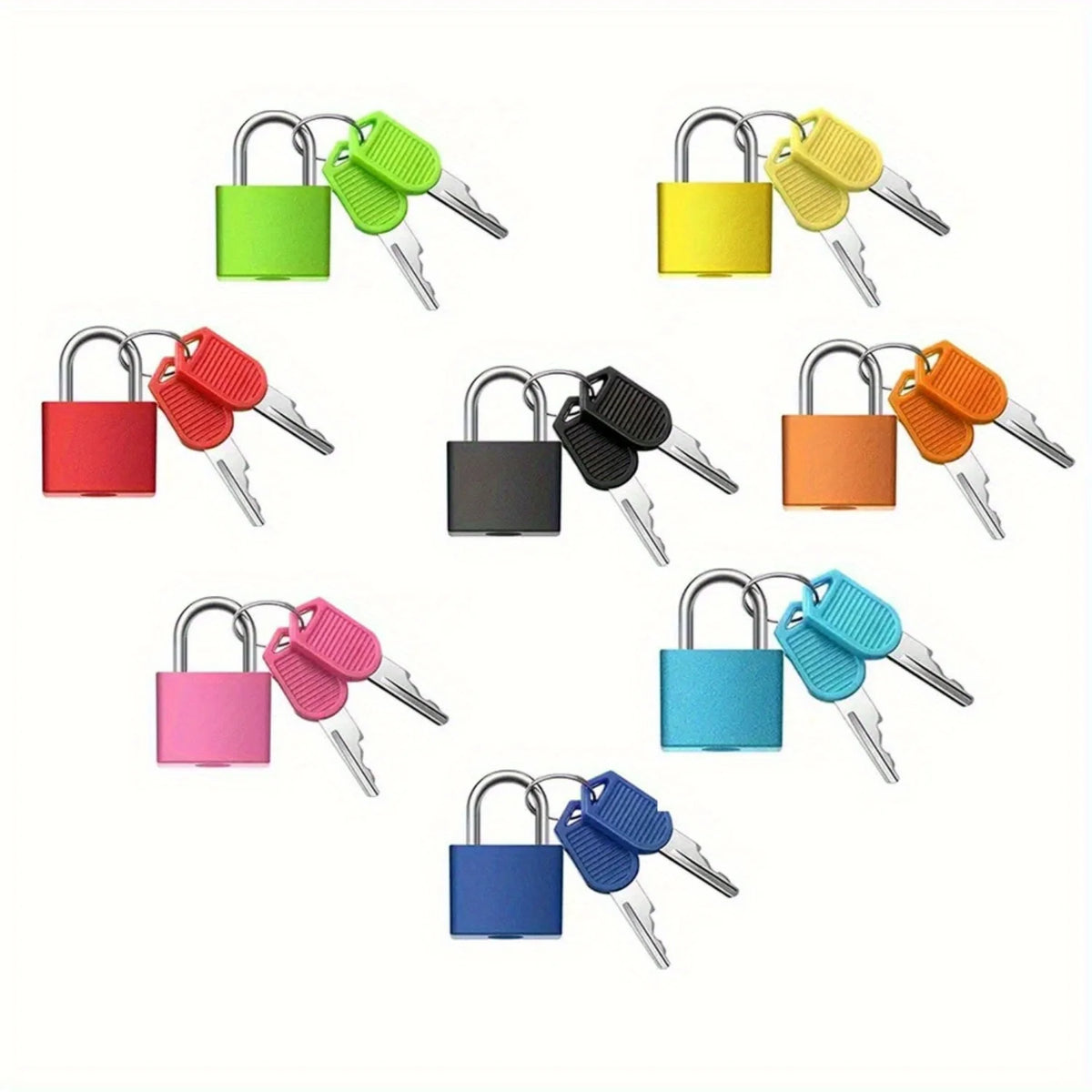 Eine Sammlung von Mehrschlüssel-Schlössern in verschiedenen Farben, darunter grün, gelb, rot, schwarz, orange, rosa und blau.