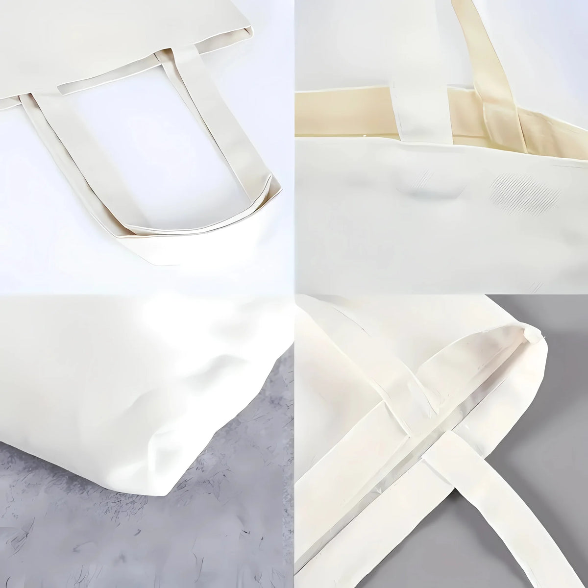 Sacs de courses en toile blanche montrés sous différents angles et avec les bretelles.