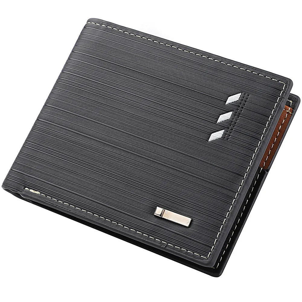 A black men's stripe multi-function wallet with stitched edges and silver accents.