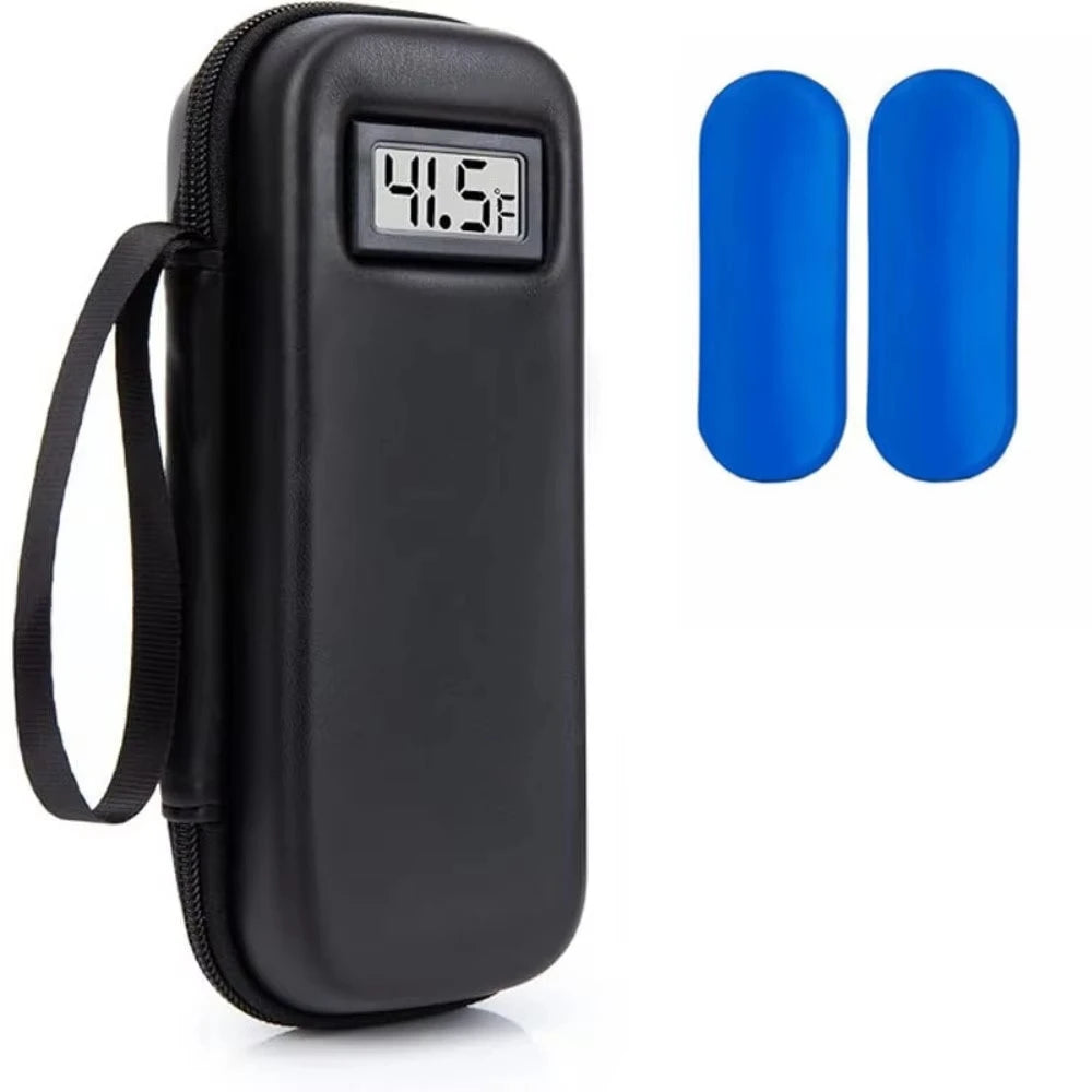 Black insulin cooler travel case with a digital thermometer displaying 41.5°F