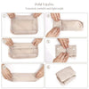 A set of six folding storage bags in beige fabric shown in various folded and unfolded states.