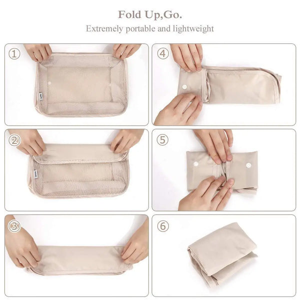 A set of six folding storage bags in beige fabric shown in various folded and unfolded states.
