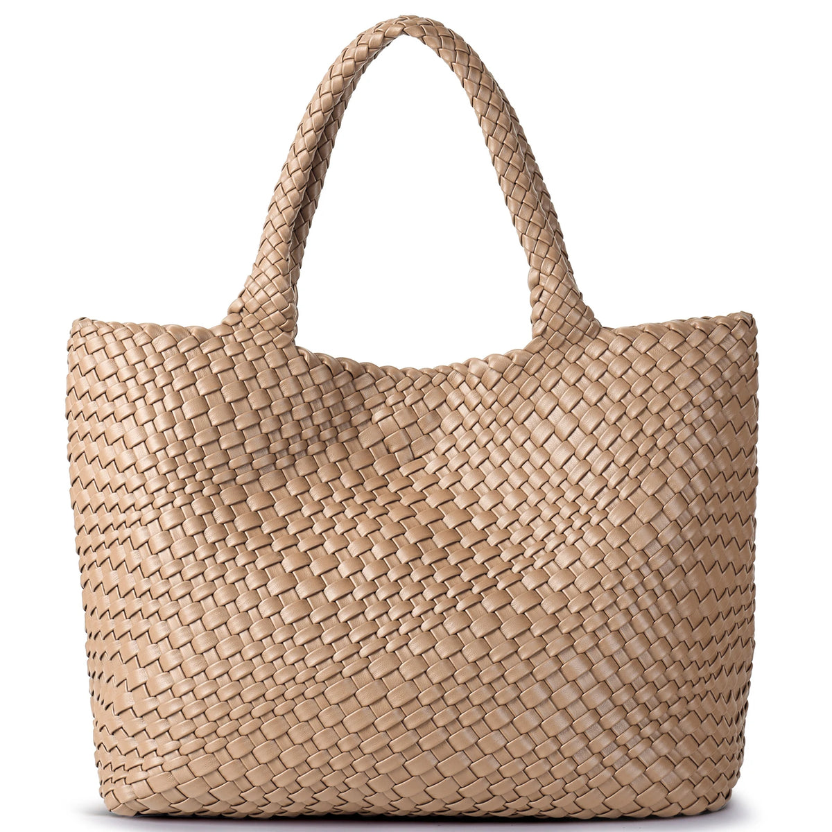A beige handwoven vegan leather tote bag with a woven texture and a long handle.