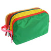 A multi-compartment travel toiletry organizer bag with colorful striped sections in green, orange, and yellow.