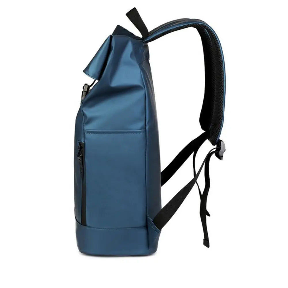 A dark blue waterproof business laptop backpack with black straps and multi-compartment storage.