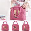 Pink insulated canvas lunch bag with a gold letter P print and matching letter bags W, V, and U